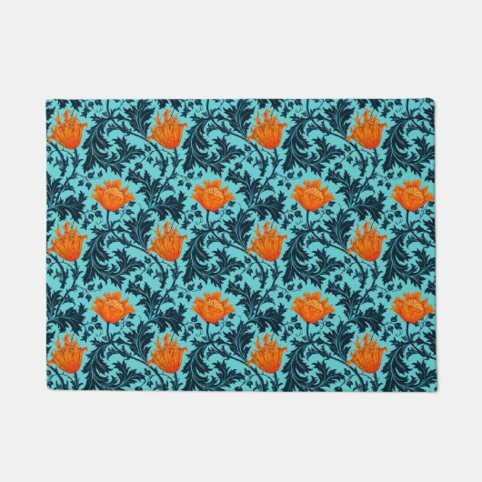 William Morris Anemone、Indigo Blue、Coral ドアマット (正面)