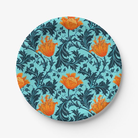 William Morris Anemone、Indigo Blue、Coral ペーパープレート (正面)