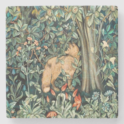 William Morris Antique Fox Forest Tapestry Art ストーンコースター (正面)