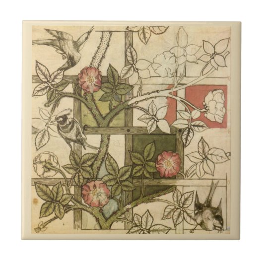 William * Morris Birds Trellisつる植物オリーブベージュ タイル (正面)