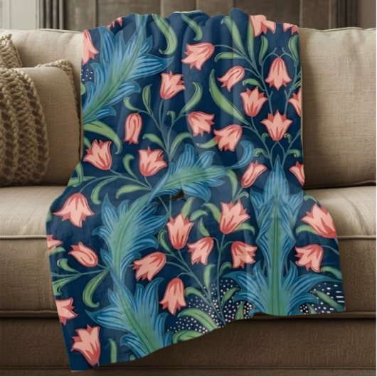 William Morris Blue Green Pink Floral Pattern フリースブランケット