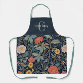 William Morris Blue Teal Floral Monogram エプロン (正面)