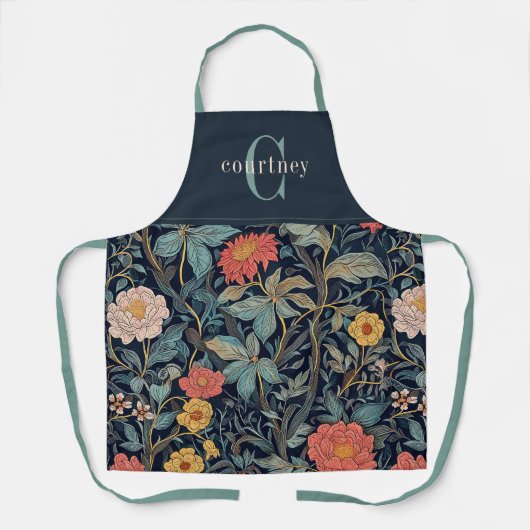 William Morris Blue Teal Floral Monogram エプロン (正面)