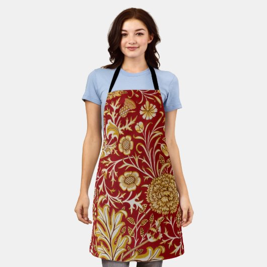 William Morris Cherwell Floral Pattern Red エプロン (着用した状態)