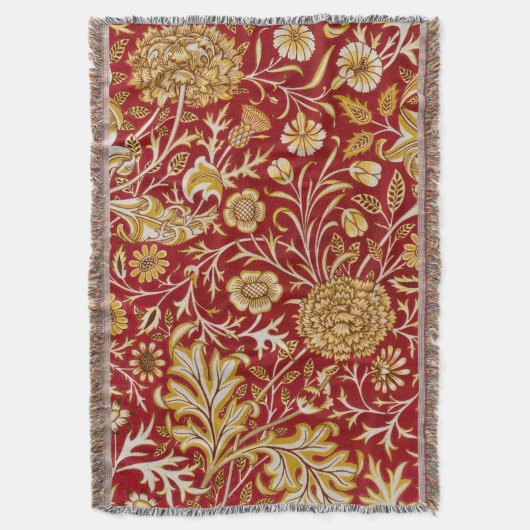 William Morris Cherwell Floral Pattern Red スローブランケット (正面縦)