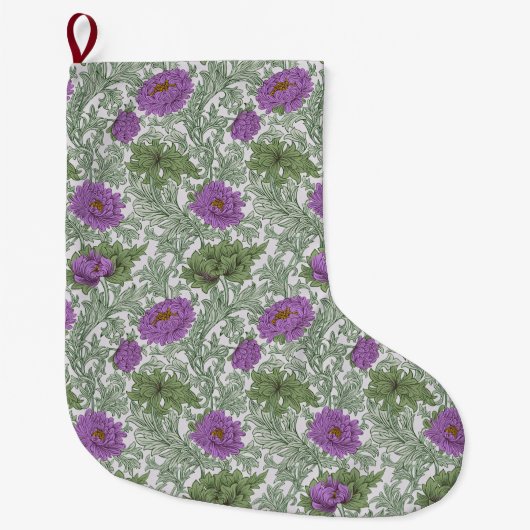 William Morris Chrysanthemum Floral Purple Green ラージクリスマスストッキング (正面)