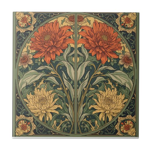  William Morris Chrysanthemums Floral Art Nouveau  タイル (正面)