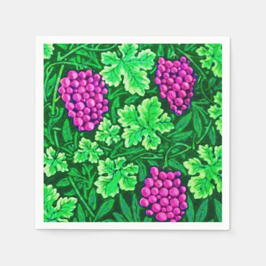 William Morris Grapevine、マゼンタ、グリーン スタンダードカクテルナプキン (正面)