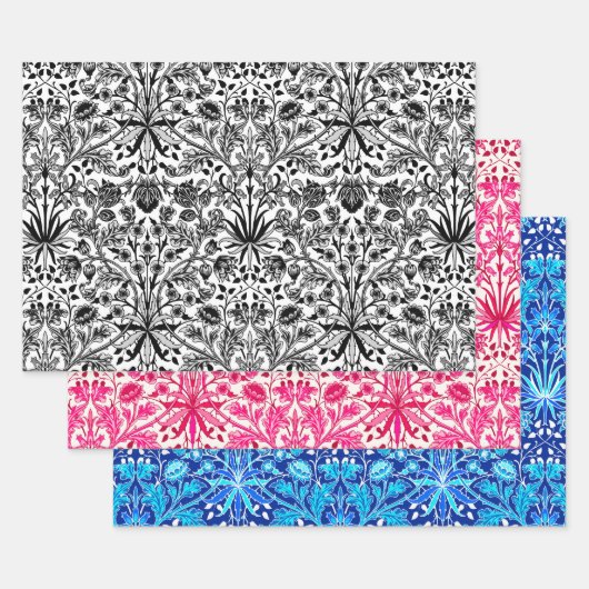 William Morris Hyacinths、Black/White、Pink、Blue ラッピングペーパーシート (セット)