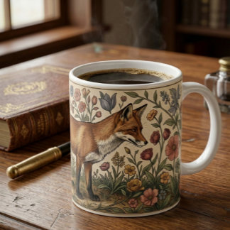 William Morris Inspired Pattern Fox in Flowers コーヒーマグカップ