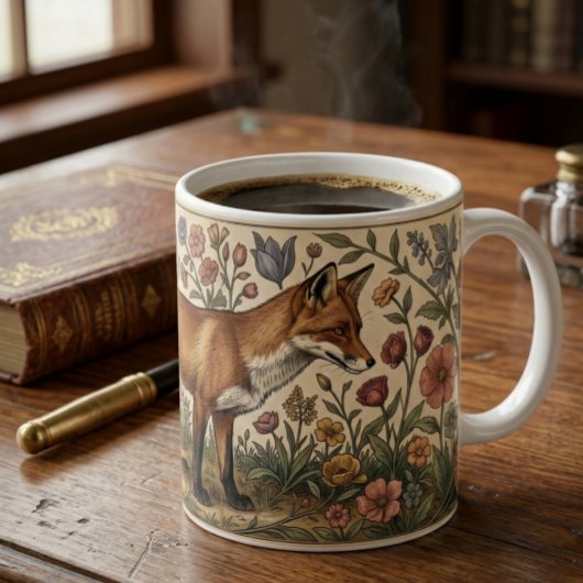 William Morris Inspired Pattern Fox in Flowers コーヒーマグカップ
