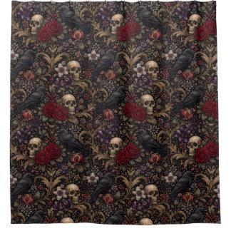 William Morris Inspired Pattern Gothic Skulls シャワーカーテン
