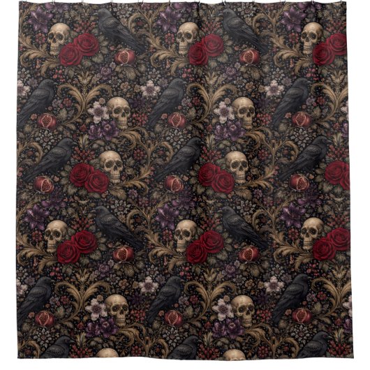 William Morris Inspired Pattern Gothic Skulls シャワーカーテン (正面)
