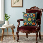 William Morris Inspired Pattern Orange Blue Flower クッション