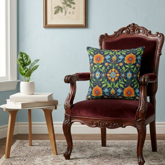 William Morris Inspired Pattern Orange Blue Flower クッション