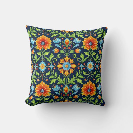 William Morris Inspired Pattern Orange Blue Flower クッション (正面)