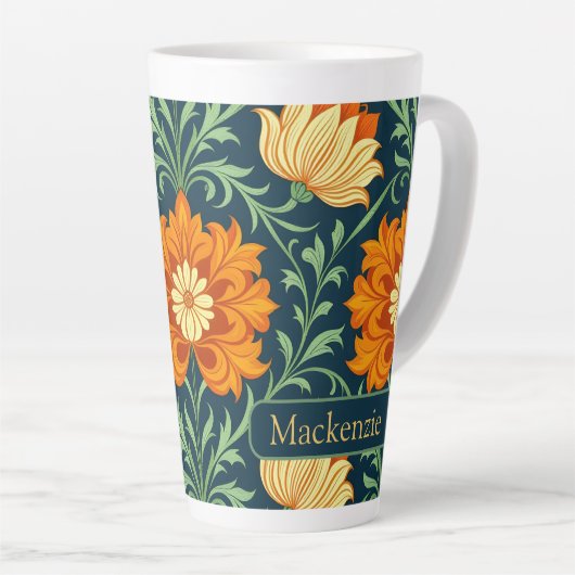 William Morris Inspired Pattern Orange Flower カフェラテマグ (右アングル)
