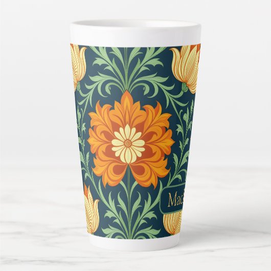 William Morris Inspired Pattern Orange Flower カフェラテマグ (正面)
