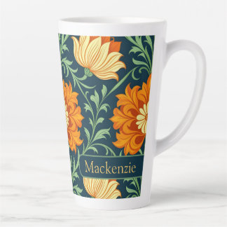William Morris Inspired Pattern Orange Flower カフェラテマグ