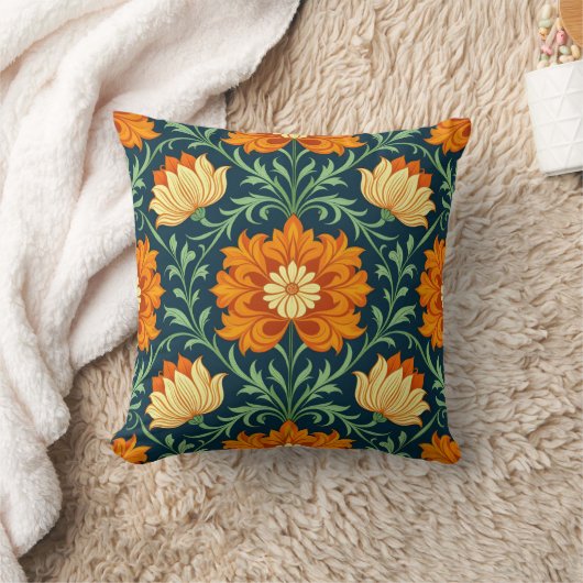 William Morris Inspired Pattern Orange Flower クッション (ブランケット)