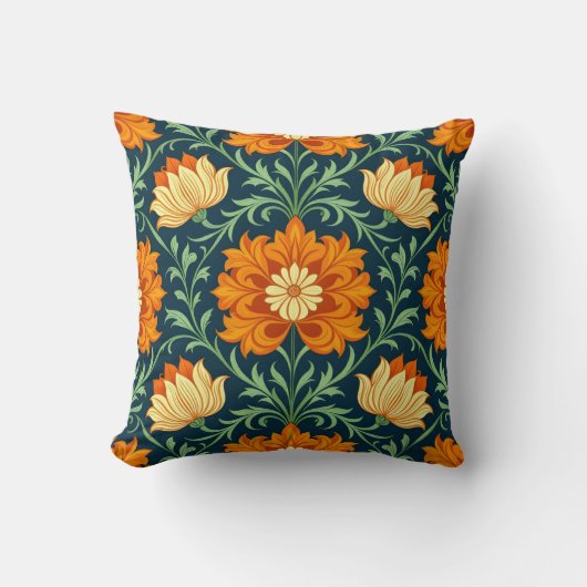 William Morris Inspired Pattern Orange Flower クッション (正面)