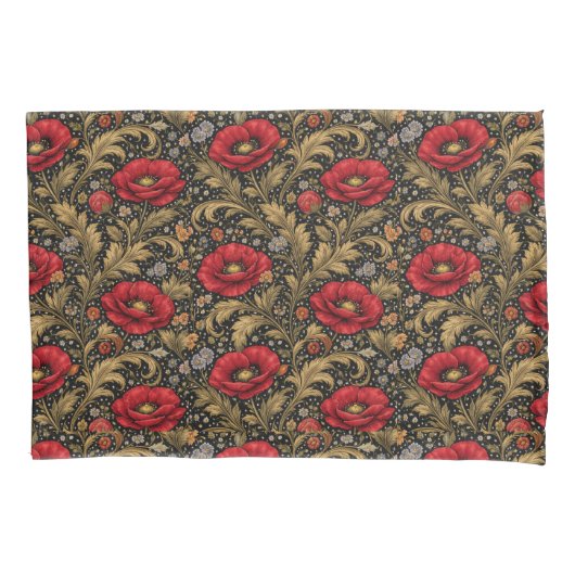 William Morris Inspired Pattern Red Poppy 枕カバー (正面左)