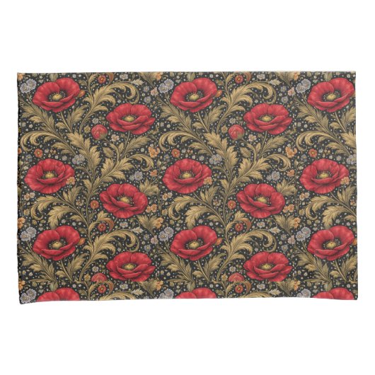 William Morris Inspired Pattern Red Poppy 枕カバー (正面右)