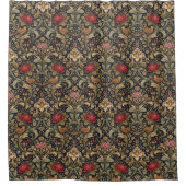 William Morris Inspired Pattern Red Rose and Bird シャワーカーテン (正面)