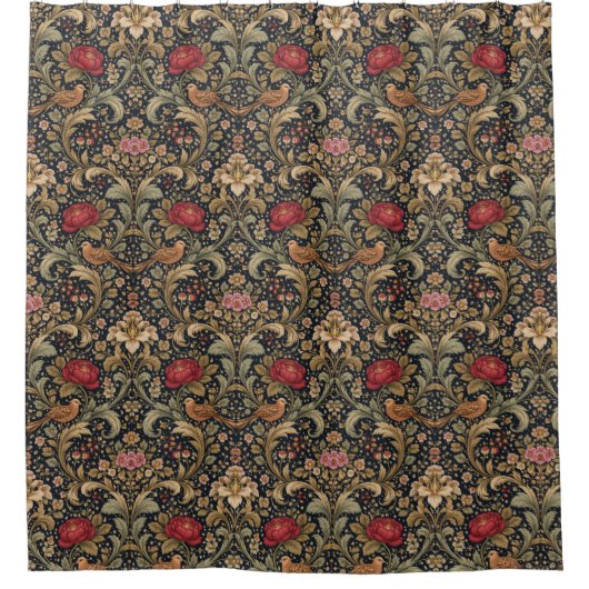 William Morris Inspired Pattern Red Rose and Bird シャワーカーテン (正面)