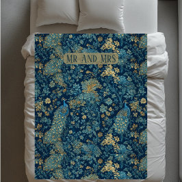 William Morris Inspired Peacock Couple Mr and Mrs  フリースブランケット