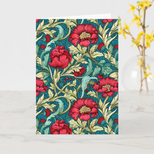 William Morris Inspired Red Flowers Pattern カード (黄色い花)