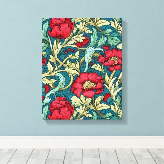 William Morris Inspired Red Flowers Pattern キャンバスプリント (インサイチュ (ウッドフロア))