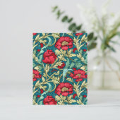 William Morris Inspired Red Flowers Pattern シーズンポストカード (スタンド正面)