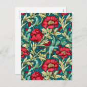 William Morris Inspired Red Flowers Pattern シーズンポストカード (正面/裏面)