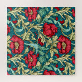 William Morris Inspired Red Flowers Pattern ジグソーパズル (横)
