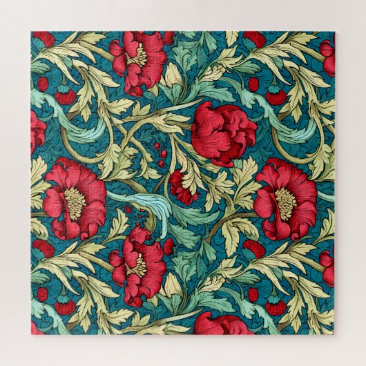 William Morris Inspired Red Flowers Pattern ジグソーパズル (横)