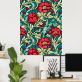William Morris Inspired Red Flowers Pattern ポスター (ホームオフィス)