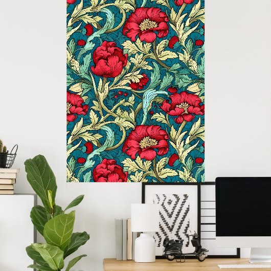 William Morris Inspired Red Flowers Pattern ポスター (ホームオフィス)