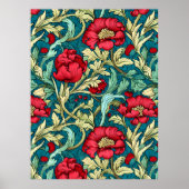William Morris Inspired Red Flowers Pattern ポスター (正面)