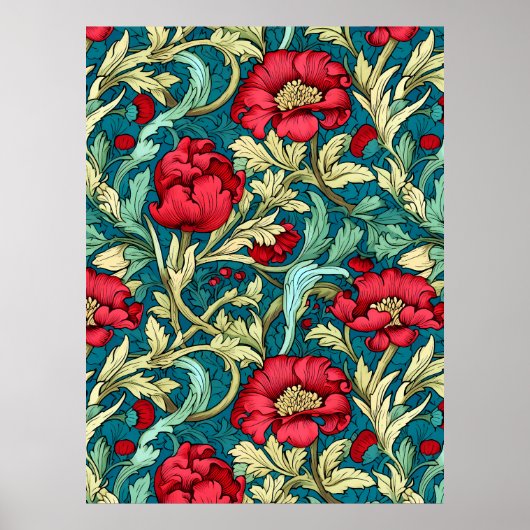 William Morris Inspired Red Flowers Pattern ポスター (正面)