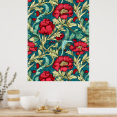 William Morris Inspired Red Flowers Pattern ポスター (キッチン)