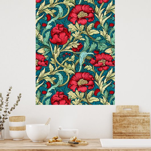William Morris Inspired Red Flowers Pattern ポスター (キッチン)