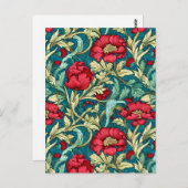 William Morris Inspired Red Flowers Pattern ポストカード (正面/裏面)