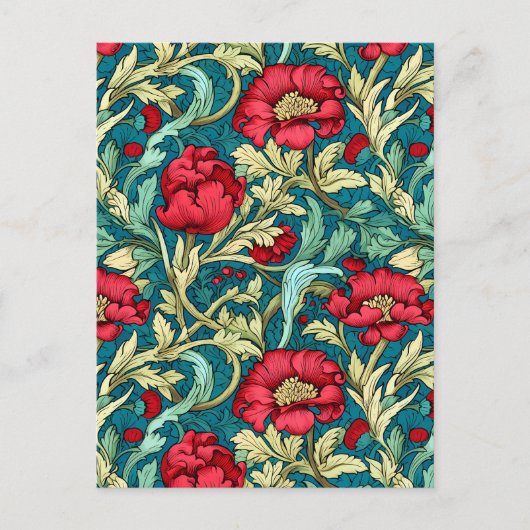 William Morris Inspired Red Flowers Pattern ポストカード (正面)