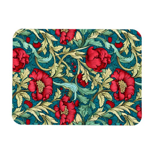 William Morris Inspired Red Flowers Pattern マグネット (横)