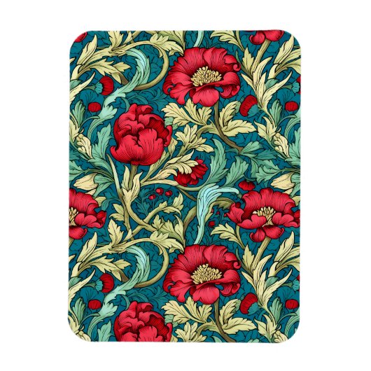 William Morris Inspired Red Flowers Pattern マグネット (縦)