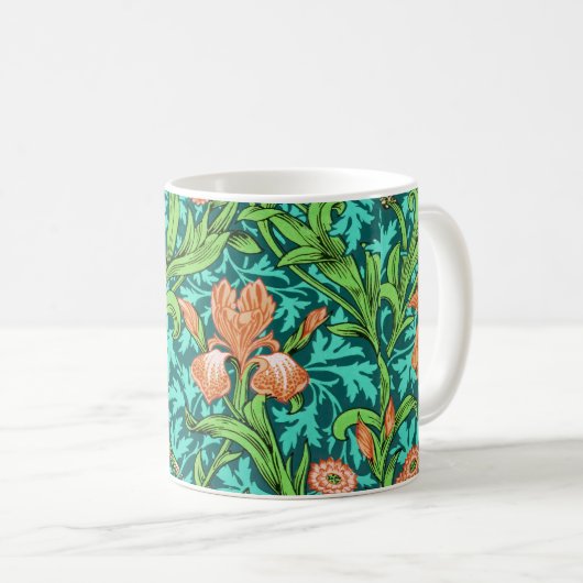 William Morris Irises、オレンジとターコイズ コーヒーマグカップ (正面右)