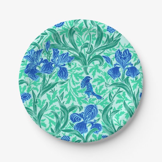 William Morris Irises、Cobalt Blue、Aquaとティール（緑がかった色 ペーパープレート (正面)