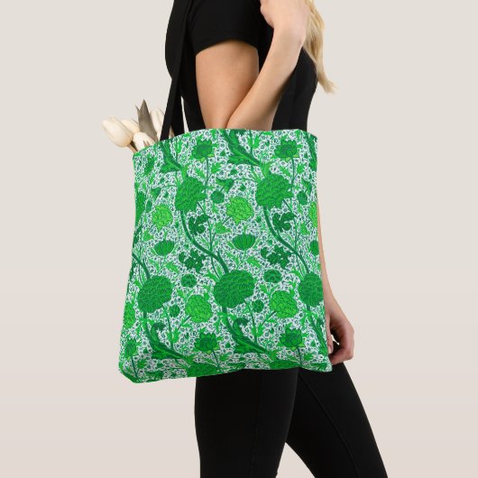 William Morris Jacobeanフローラ、エメラルドグリーン トートバッグ (クローズアップ)