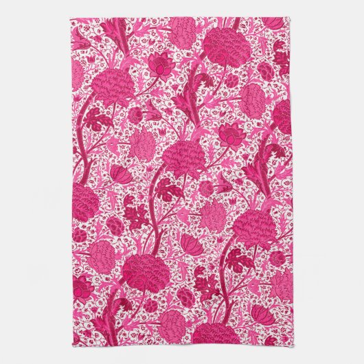 William Morris Jacobeanフローラ、明るい赤紫色ピンクタオル キッチンタオル (縦)